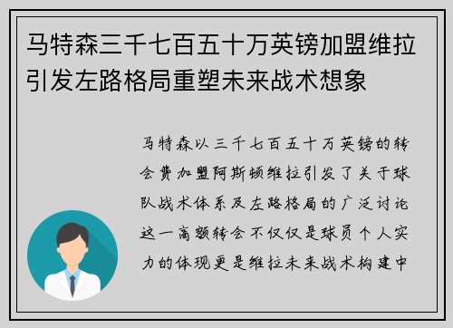 马特森三千七百五十万英镑加盟维拉引发左路格局重塑未来战术想象