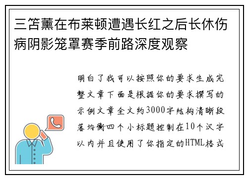 三笘薰在布莱顿遭遇长红之后长休伤病阴影笼罩赛季前路深度观察 三笘薰在布莱顿遭遇长红之后长休伤病阴影笼罩赛季前路深度观察